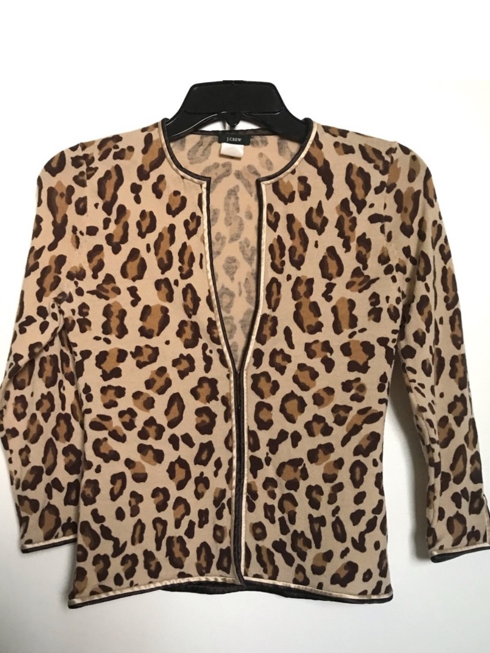 J. Crew Lightweight 100% Wool Leopard Print Cardigan Satin Edging S